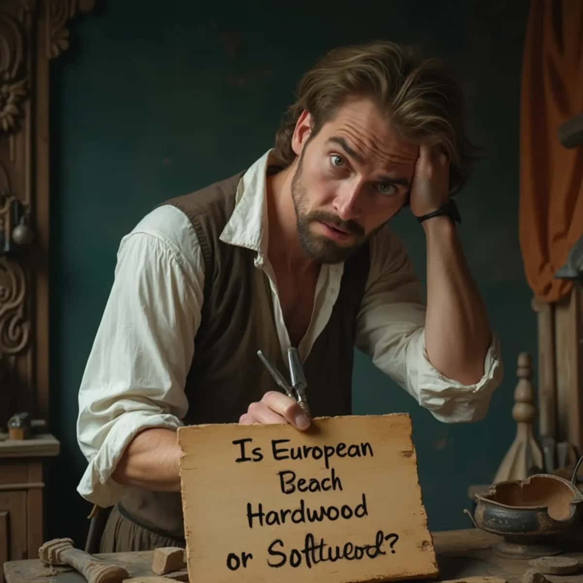WOODCARVING LESSONS: Woodcarver Grabovetskiy, a man with a beard, holds a sign that says "What wood is the best for carving?" He looks thoughtful. Carving tools are on the table in front of him. - Wood Carving tutorials