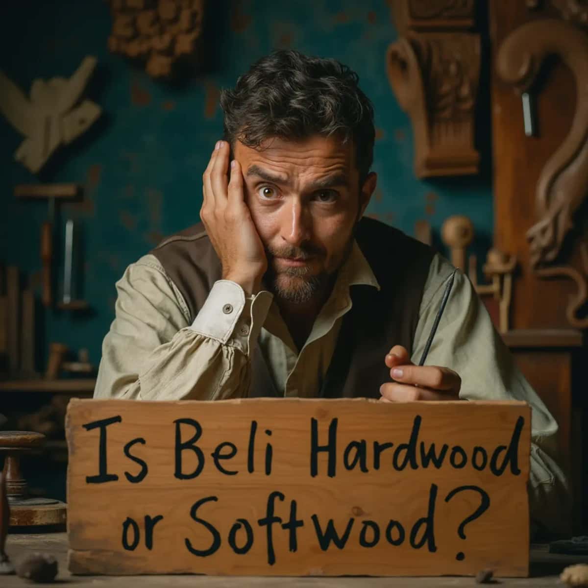 WOODCARVING LESSONS: Woodcarver Grabovetskiy, a man with a beard, holds a sign that says "What wood is the best for carving?" He looks thoughtful. Carving tools are on the table in front of him. - Wood Carving tutorials