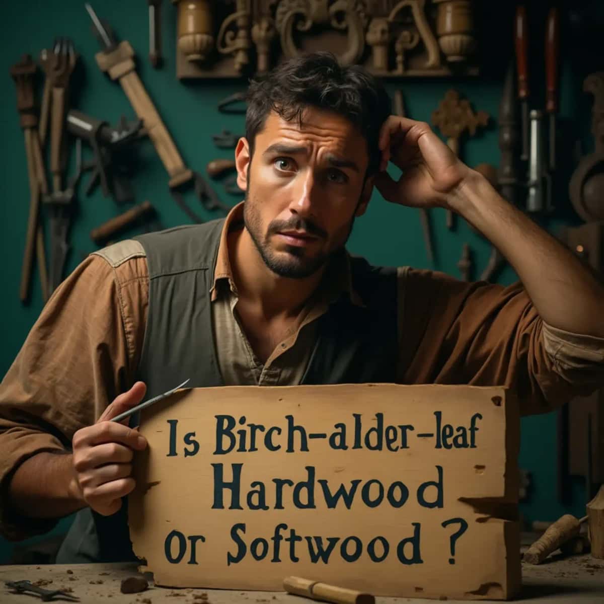 WOODCARVING LESSONS: Woodcarver Grabovetskiy, a man with a beard, holds a sign that says "What wood is the best for carving?" He looks thoughtful. Carving tools are on the table in front of him. - Wood Carving tutorials