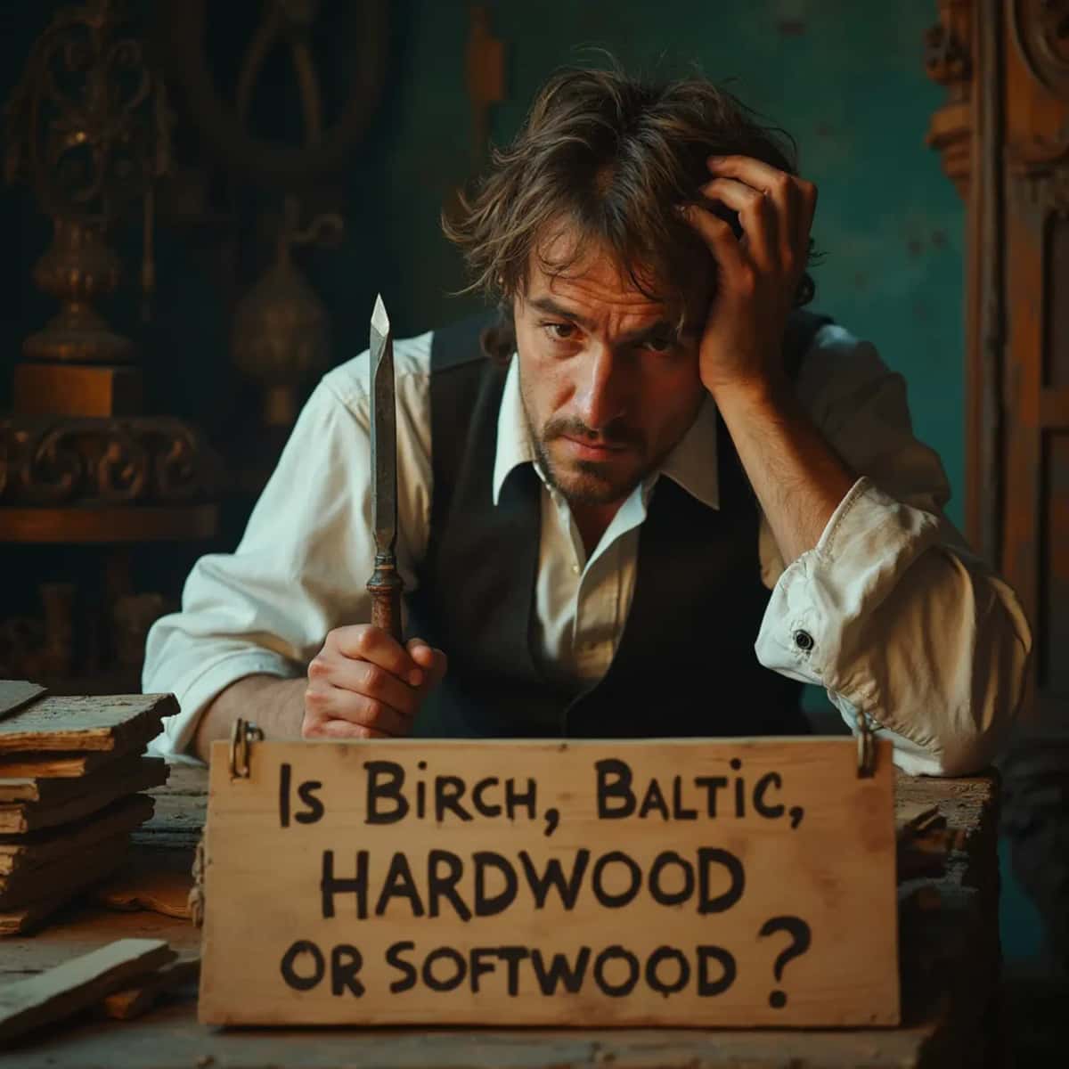 WOODCARVING LESSONS: Woodcarver Grabovetskiy, a man with a beard, holds a sign that says "What wood is the best for carving?" He looks thoughtful. Carving tools are on the table in front of him. - Wood Carving tutorials