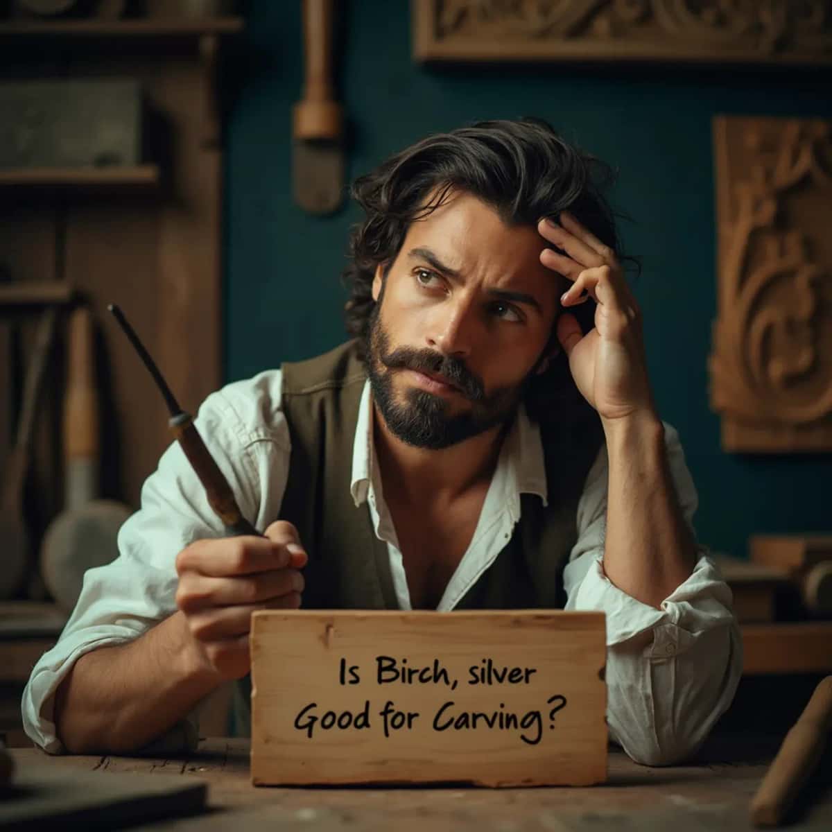WOODCARVING LESSONS: Woodcarver Grabovetskiy, a man with a beard, holds a sign that says "What wood is the best for carving?" He looks thoughtful. Carving tools are on the table in front of him. - Wood Carving tutorials