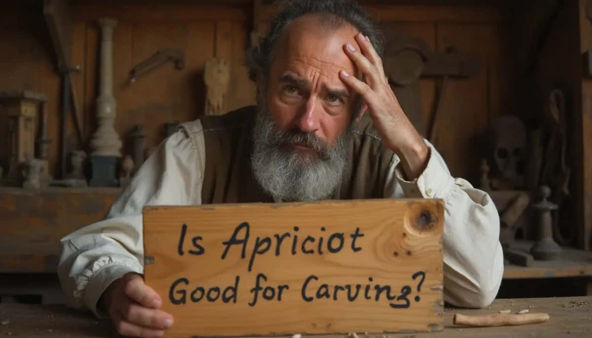 WOODCARVING LESSONS: Woodcarver Grabovetskiy, a man with a beard, holds a sign that says "What wood is the best for carving?" He looks thoughtful. Carving tools are on the table in front of him. - Wood Carving tutorials