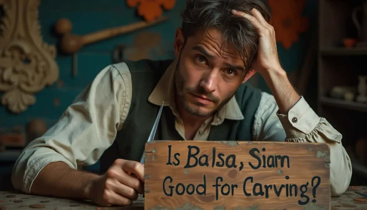 WOODCARVING LESSONS: Woodcarver Grabovetskiy, a man with a beard, holds a sign that says "What wood is the best for carving?" He looks thoughtful. Carving tools are on the table in front of him. - Wood Carving tutorials