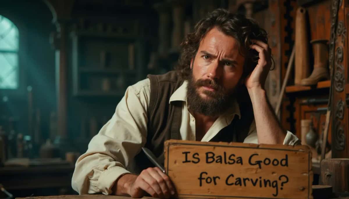 WOODCARVING LESSONS: Woodcarver Grabovetskiy, a man with a beard, holds a sign that says "What wood is the best for carving?" He looks thoughtful. Carving tools are on the table in front of him. - Wood Carving tutorials