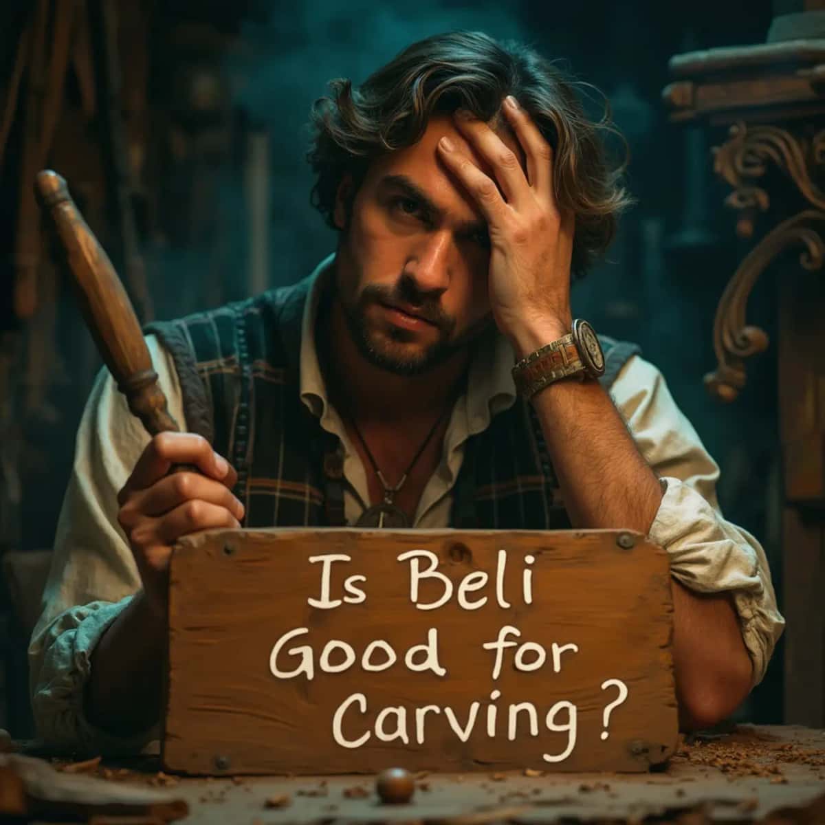 WOODCARVING LESSONS: Woodcarver Grabovetskiy, a man with a beard, holds a sign that says "What wood is the best for carving?" He looks thoughtful. Carving tools are on the table in front of him. - Wood Carving tutorials
