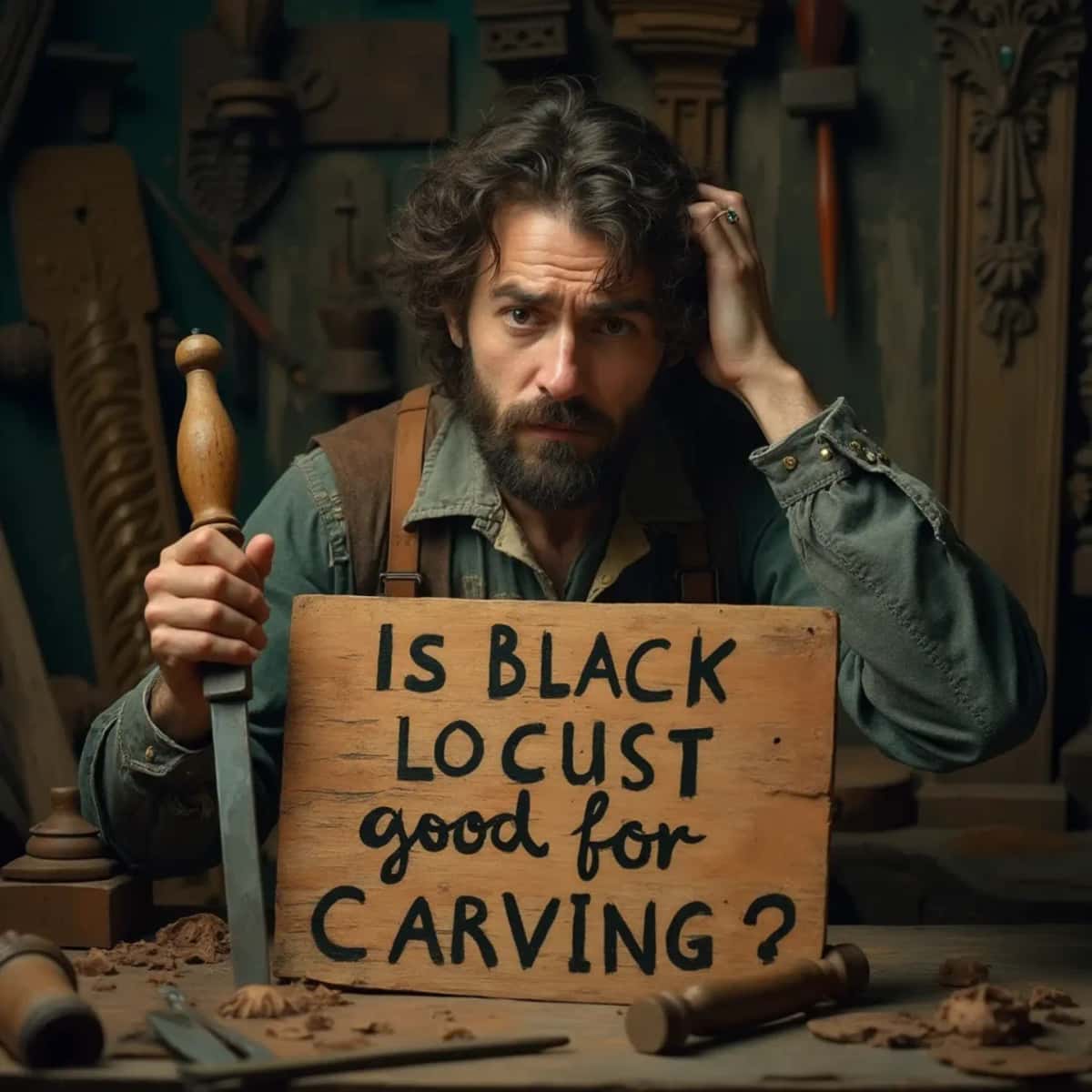 WOODCARVING LESSONS: Woodcarver Grabovetskiy, a man with a beard, holds a sign that says "What wood is the best for carving?" He looks thoughtful. Carving tools are on the table in front of him. - Wood Carving tutorials