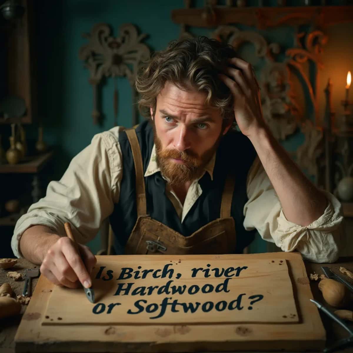 WOODCARVING LESSONS: Woodcarver Grabovetskiy, a man with a beard, holds a sign that says "What wood is the best for carving?" He looks thoughtful. Carving tools are on the table in front of him. - Wood Carving tutorials