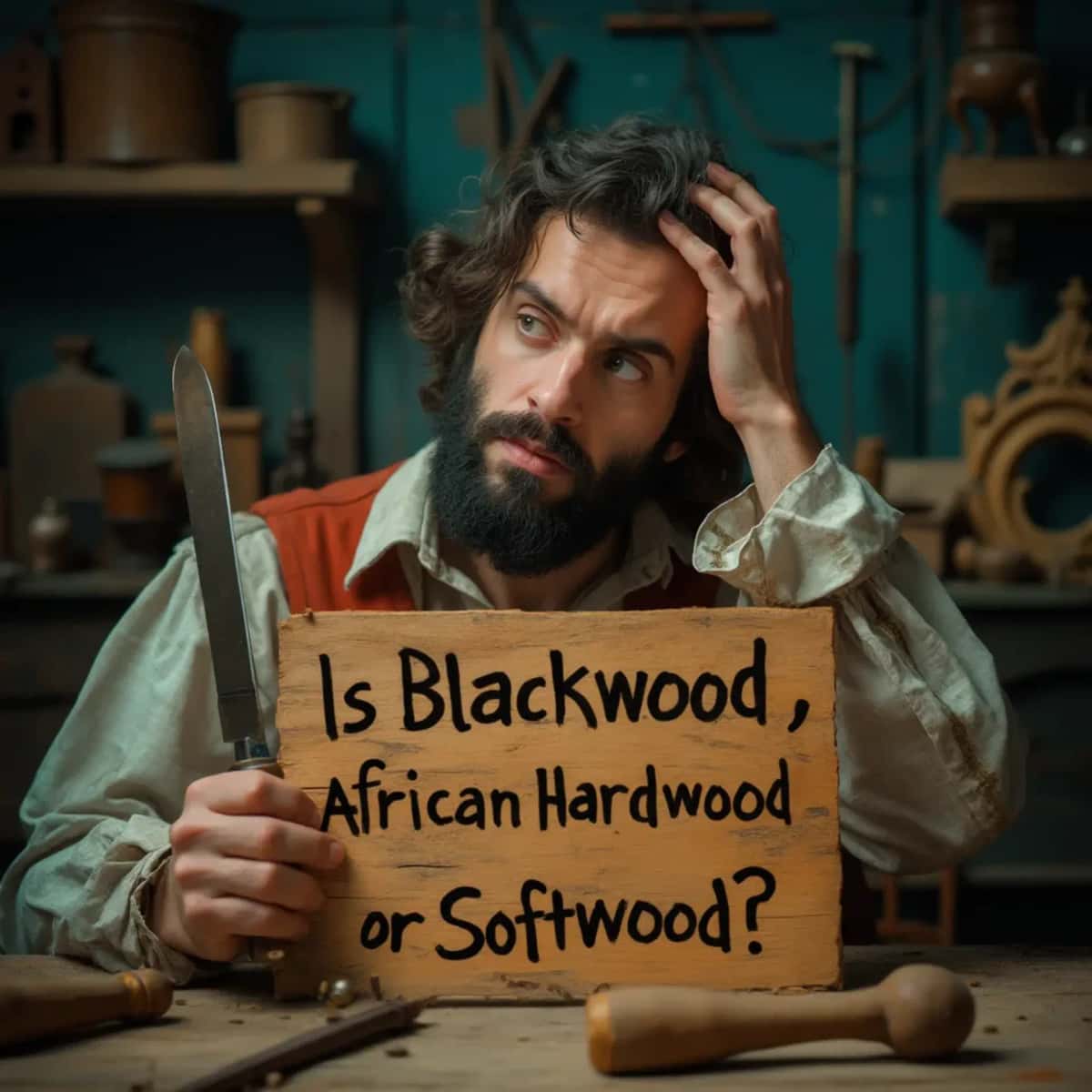 WOODCARVING LESSONS: Woodcarver Grabovetskiy, a man with a beard, holds a sign that says "What wood is the best for carving?" He looks thoughtful. Carving tools are on the table in front of him. - Wood Carving tutorials