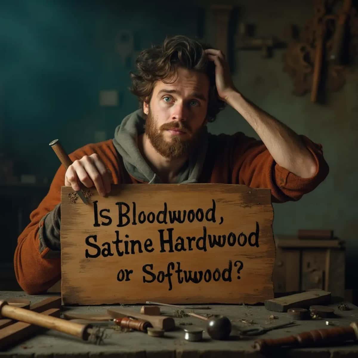 WOODCARVING LESSONS: Woodcarver Grabovetskiy, a man with a beard, holds a sign that says "What wood is the best for carving?" He looks thoughtful. Carving tools are on the table in front of him. - Wood Carving tutorials