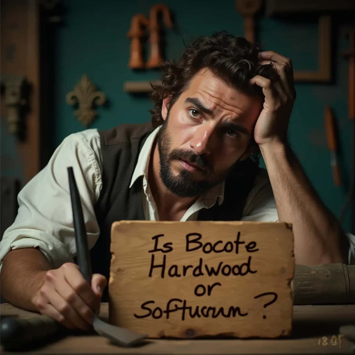 WOODCARVING LESSONS: Woodcarver Grabovetskiy, a man with a beard, holds a sign that says "What wood is the best for carving?" He looks thoughtful. Carving tools are on the table in front of him. - Wood Carving tutorials