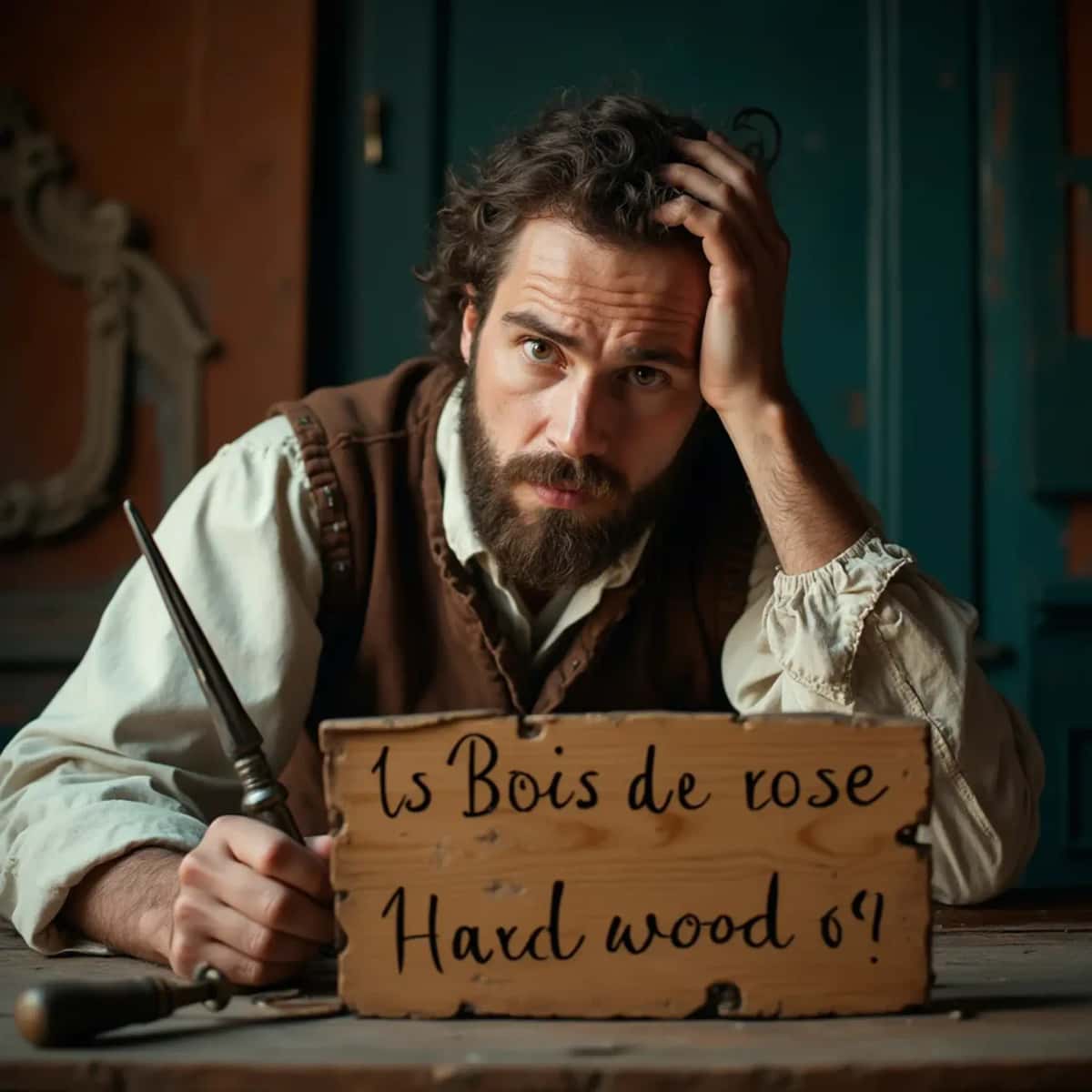 WOODCARVING LESSONS: Woodcarver Grabovetskiy, a man with a beard, holds a sign that says "What wood is the best for carving?" He looks thoughtful. Carving tools are on the table in front of him. - Wood Carving tutorials