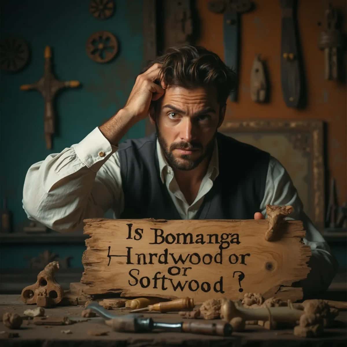 WOODCARVING LESSONS: Woodcarver Grabovetskiy, a man with a beard, holds a sign that says "What wood is the best for carving?" He looks thoughtful. Carving tools are on the table in front of him. - Wood Carving tutorials