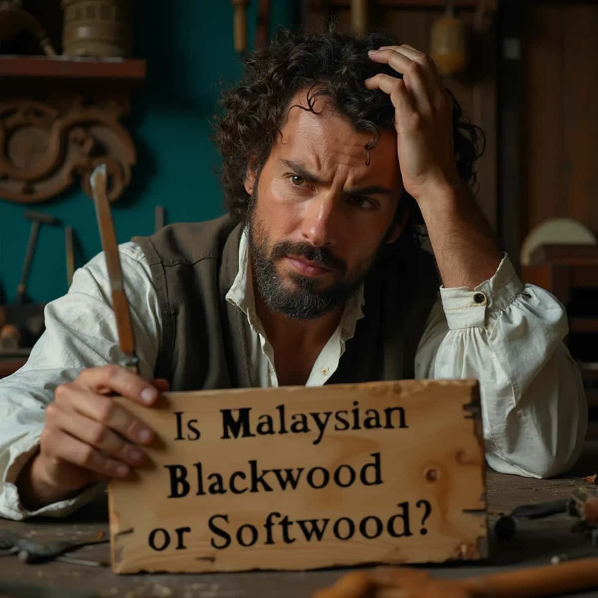 WOODCARVING LESSONS: Woodcarver Grabovetskiy, a man with a beard, holds a sign that says "What wood is the best for carving?" He looks thoughtful. Carving tools are on the table in front of him. - Wood Carving tutorials