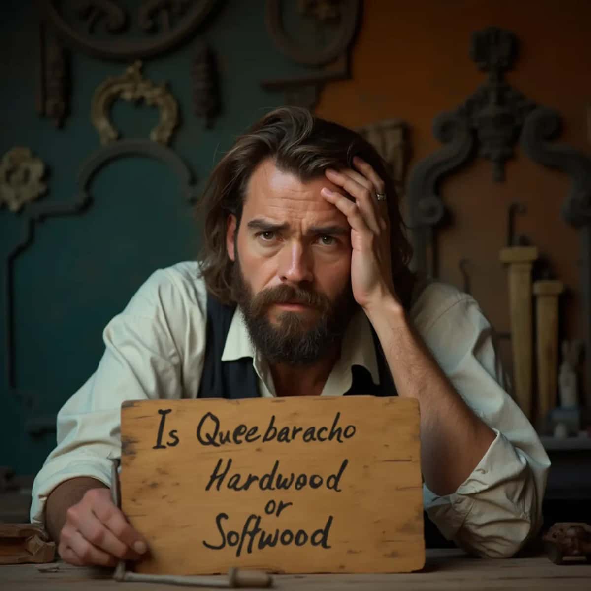 WOODCARVING LESSONS: Woodcarver Grabovetskiy, a man with a beard, holds a sign that says "What wood is the best for carving?" He looks thoughtful. Carving tools are on the table in front of him. - Wood Carving tutorials