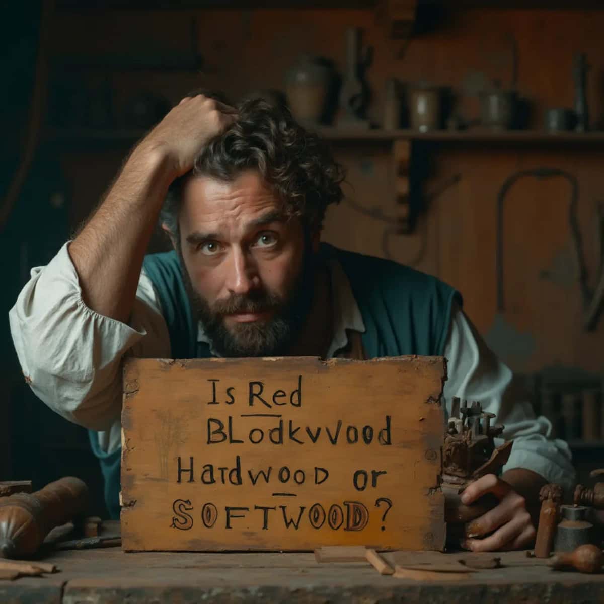 WOODCARVING LESSONS: Woodcarver Grabovetskiy, a man with a beard, holds a sign that says "What wood is the best for carving?" He looks thoughtful. Carving tools are on the table in front of him. - Wood Carving tutorials