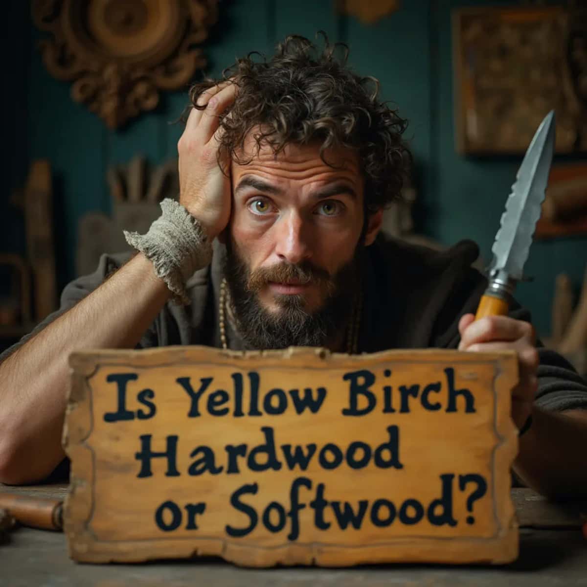 WOODCARVING LESSONS: Woodcarver Grabovetskiy, a man with a beard, holds a sign that says "What wood is the best for carving?" He looks thoughtful. Carving tools are on the table in front of him. - Wood Carving tutorials