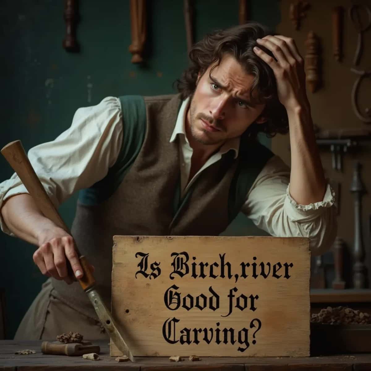 WOODCARVING LESSONS: Woodcarver Grabovetskiy, a man with a beard, holds a sign that says "What wood is the best for carving?" He looks thoughtful. Carving tools are on the table in front of him. - Wood Carving tutorials