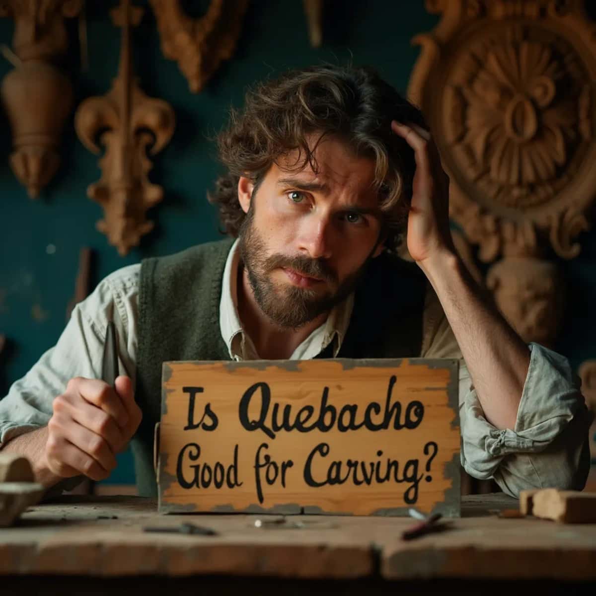 WOODCARVING LESSONS: Woodcarver Grabovetskiy, a man with a beard, holds a sign that says "What wood is the best for carving?" He looks thoughtful. Carving tools are on the table in front of him. - Wood Carving tutorials