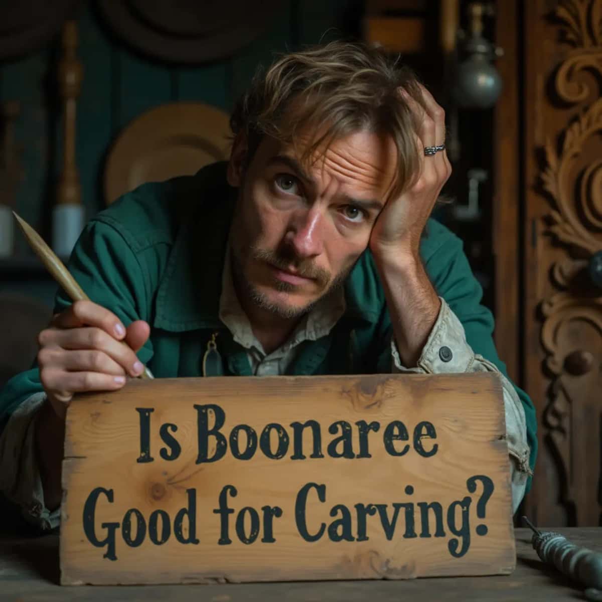 WOODCARVING LESSONS: Woodcarver Grabovetskiy, a man with a beard, holds a sign that says "What wood is the best for carving?" He looks thoughtful. Carving tools are on the table in front of him. - Wood Carving tutorials