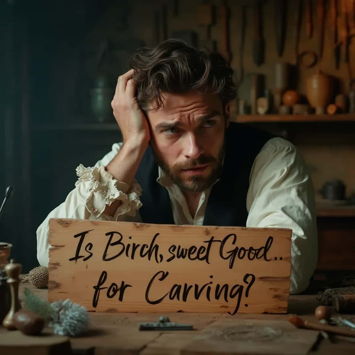 WOODCARVING LESSONS: Woodcarver Grabovetskiy, a man with a beard, holds a sign that says "What wood is the best for carving?" He looks thoughtful. Carving tools are on the table in front of him. - Wood Carving tutorials