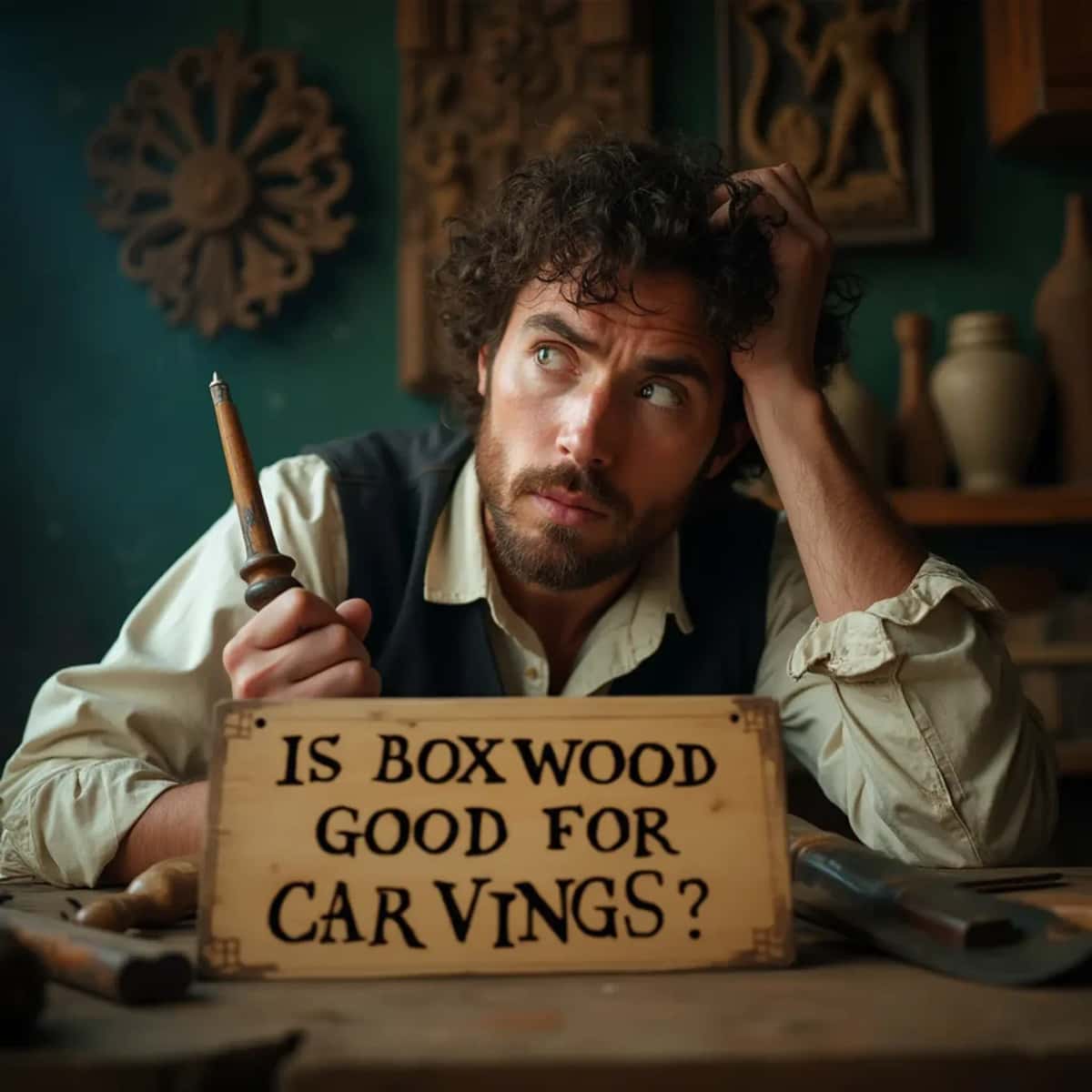 WOODCARVING LESSONS: Woodcarver Grabovetskiy, a man with a beard, holds a sign that says "What wood is the best for carving?" He looks thoughtful. Carving tools are on the table in front of him. - Wood Carving tutorials