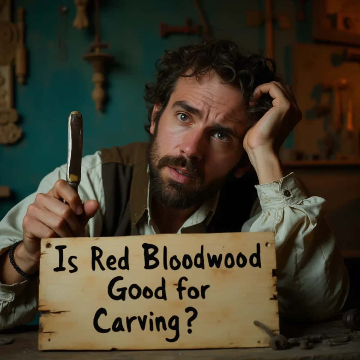 WOODCARVING LESSONS: Woodcarver Grabovetskiy, a man with a beard, holds a sign that says "What wood is the best for carving?" He looks thoughtful. Carving tools are on the table in front of him. - Wood Carving tutorials