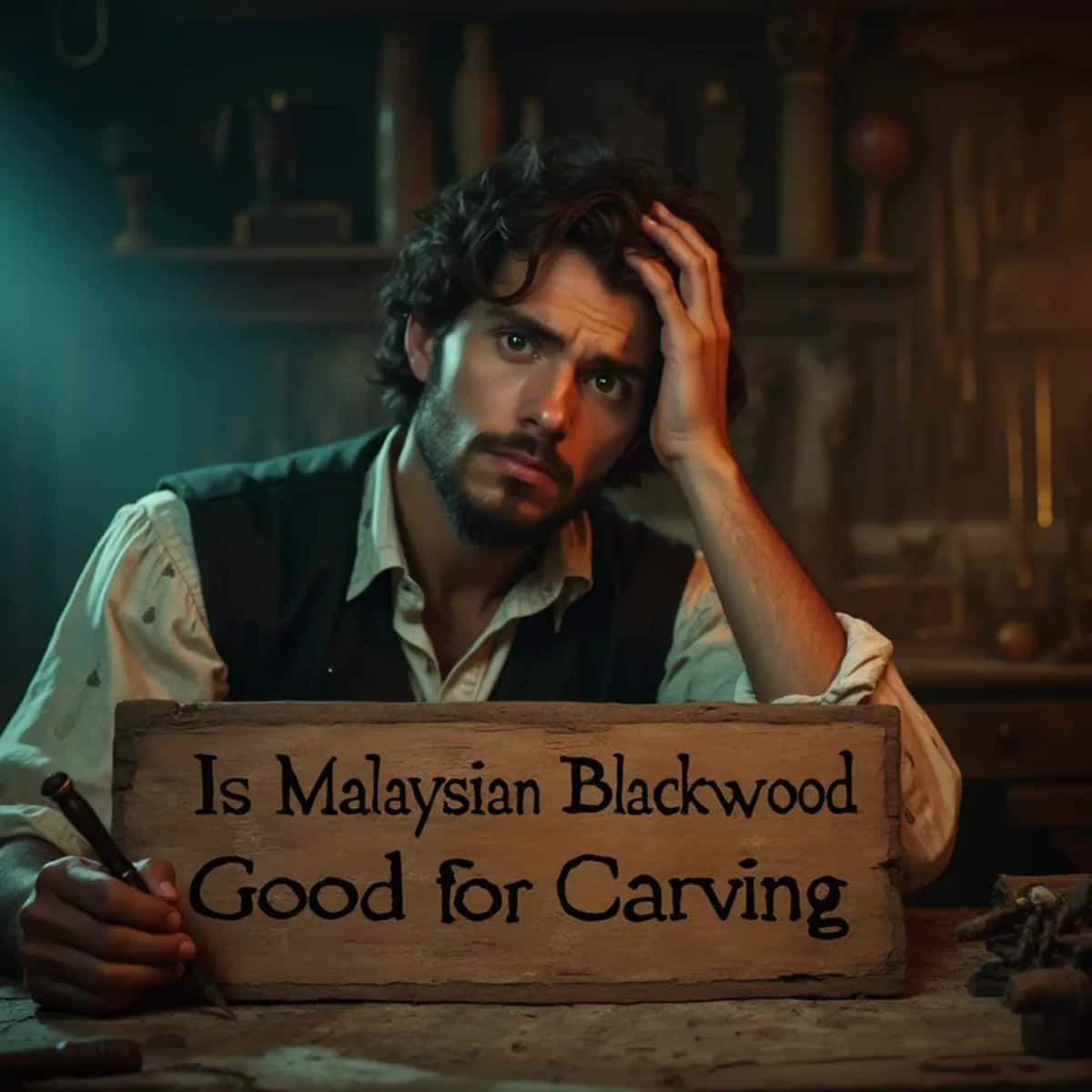 WOODCARVING LESSONS: Woodcarver Grabovetskiy, a man with a beard, holds a sign that says "What wood is the best for carving?" He looks thoughtful. Carving tools are on the table in front of him. - Wood Carving tutorials