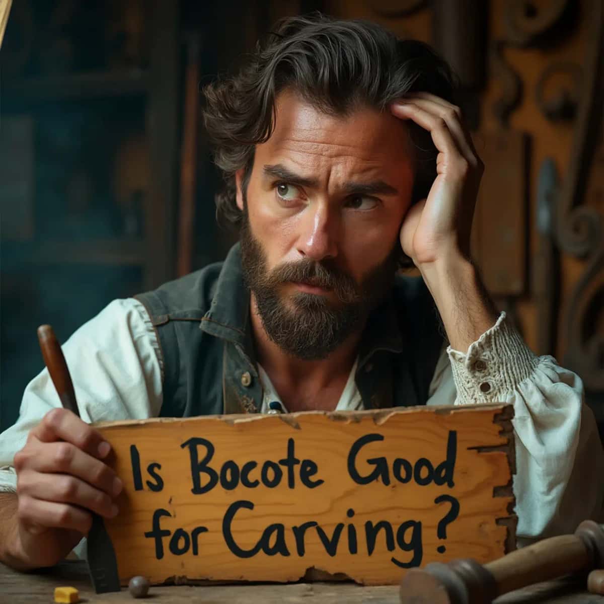 WOODCARVING LESSONS: Woodcarver Grabovetskiy, a man with a beard, holds a sign that says "What wood is the best for carving?" He looks thoughtful. Carving tools are on the table in front of him. - Wood Carving tutorials