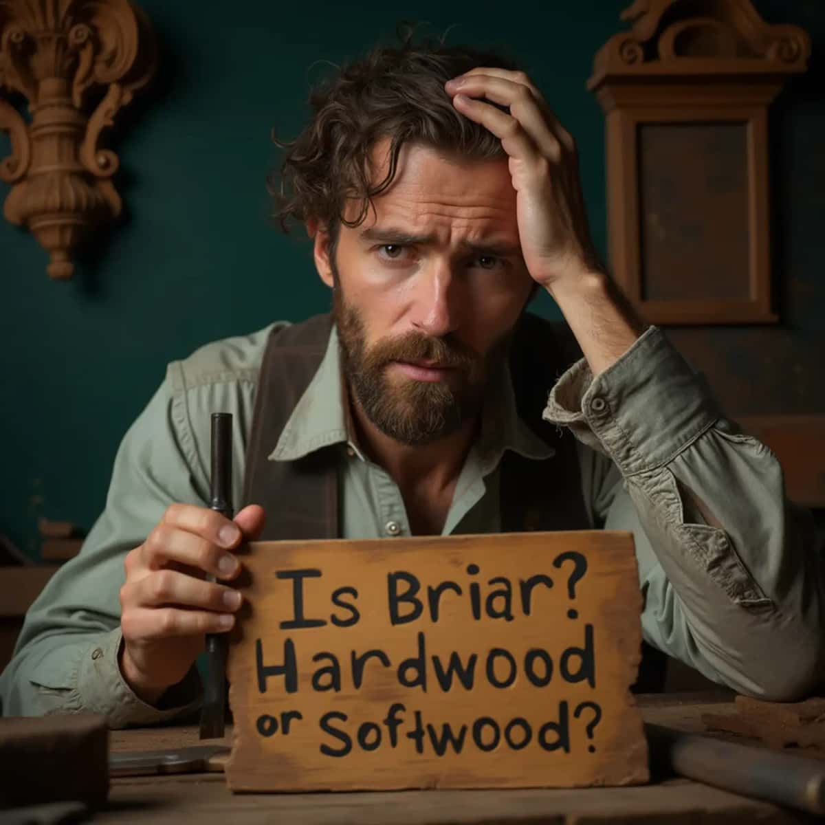 WOODCARVING LESSONS: Woodcarver Grabovetskiy, a man with a beard, holds a sign that says "What wood is the best for carving?" He looks thoughtful. Carving tools are on the table in front of him. - Wood Carving tutorials