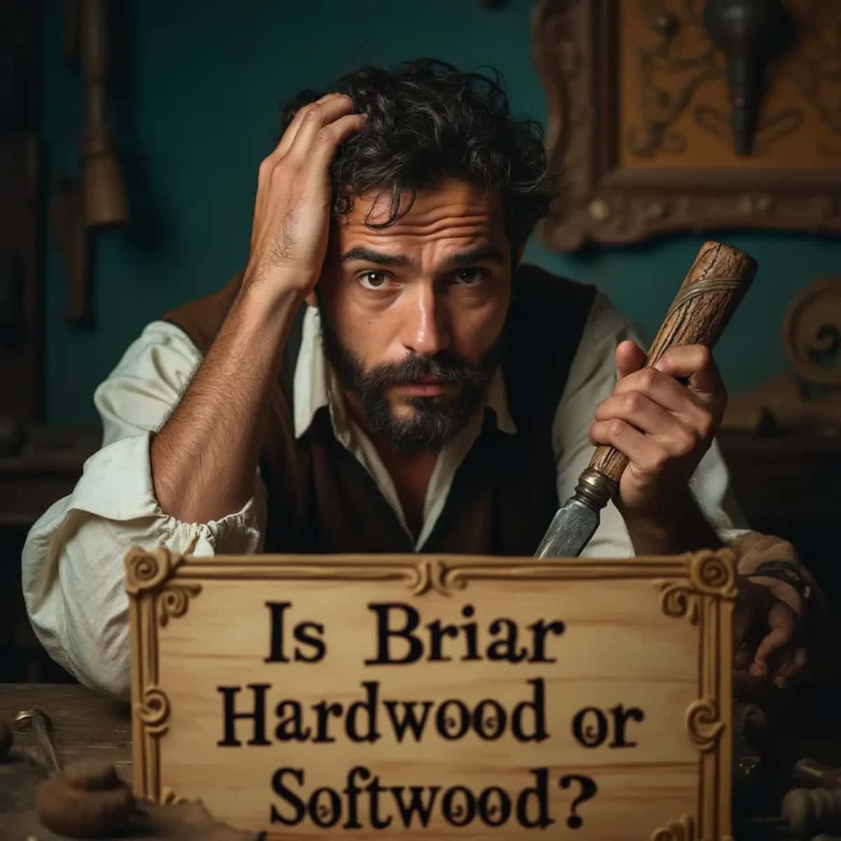 WOODCARVING LESSONS: Woodcarver Grabovetskiy, a man with a beard, holds a sign that says "What wood is the best for carving?" He looks thoughtful. Carving tools are on the table in front of him. - Wood Carving tutorials