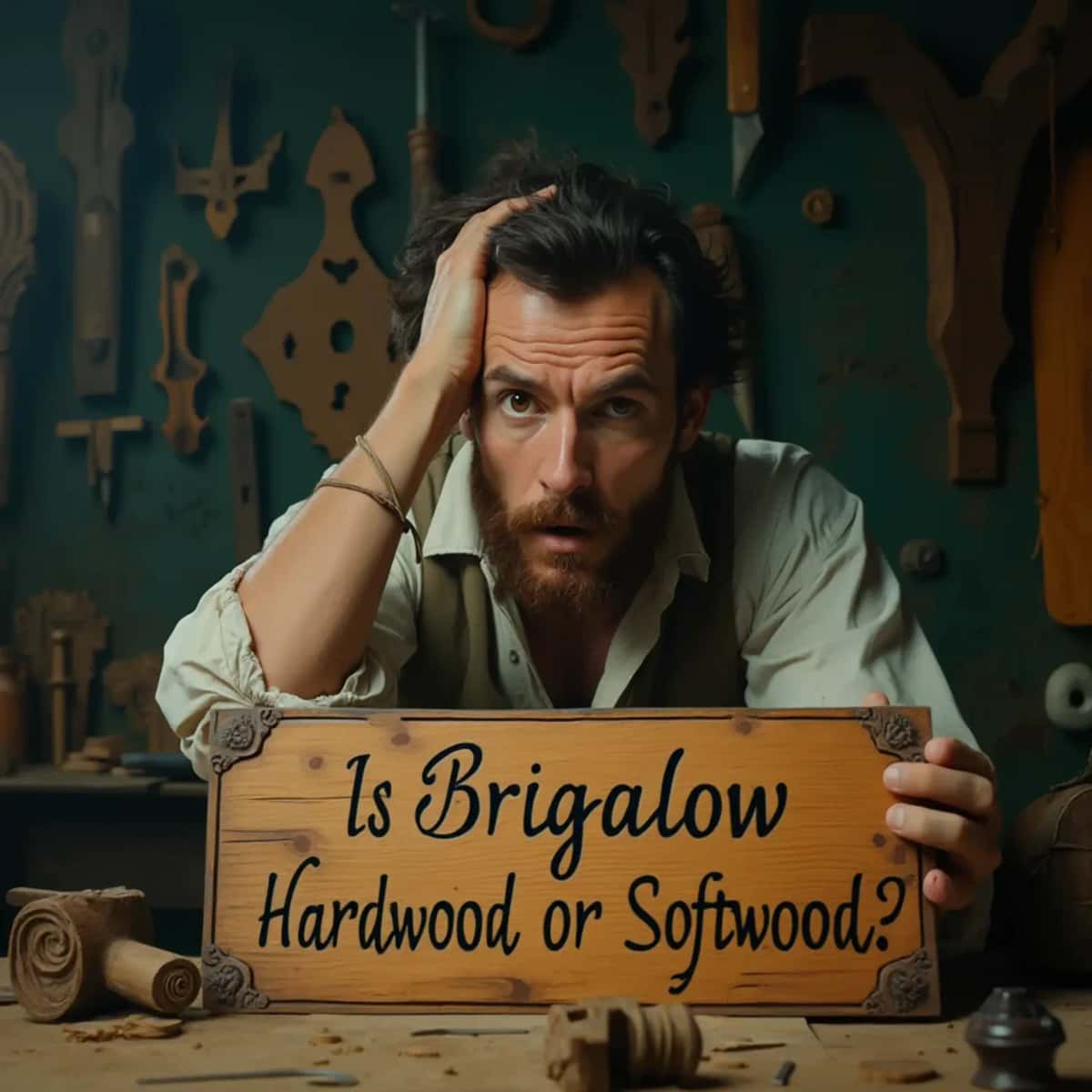 WOODCARVING LESSONS: Woodcarver Grabovetskiy, a man with a beard, holds a sign that says "What wood is the best for carving?" He looks thoughtful. Carving tools are on the table in front of him. - Wood Carving tutorials