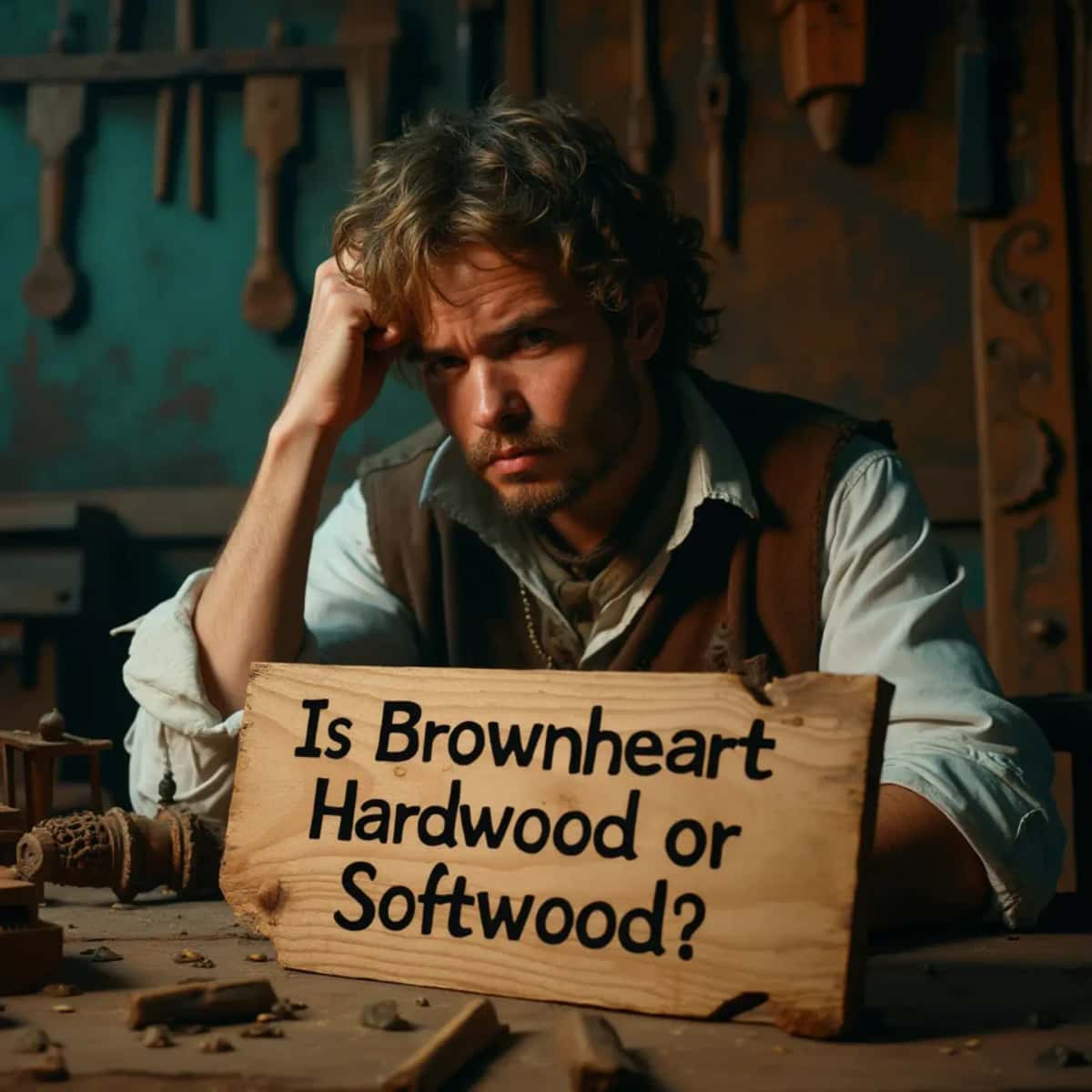 WOODCARVING LESSONS: Woodcarver Grabovetskiy, a man with a beard, holds a sign that says "What wood is the best for carving?" He looks thoughtful. Carving tools are on the table in front of him. - Wood Carving tutorials