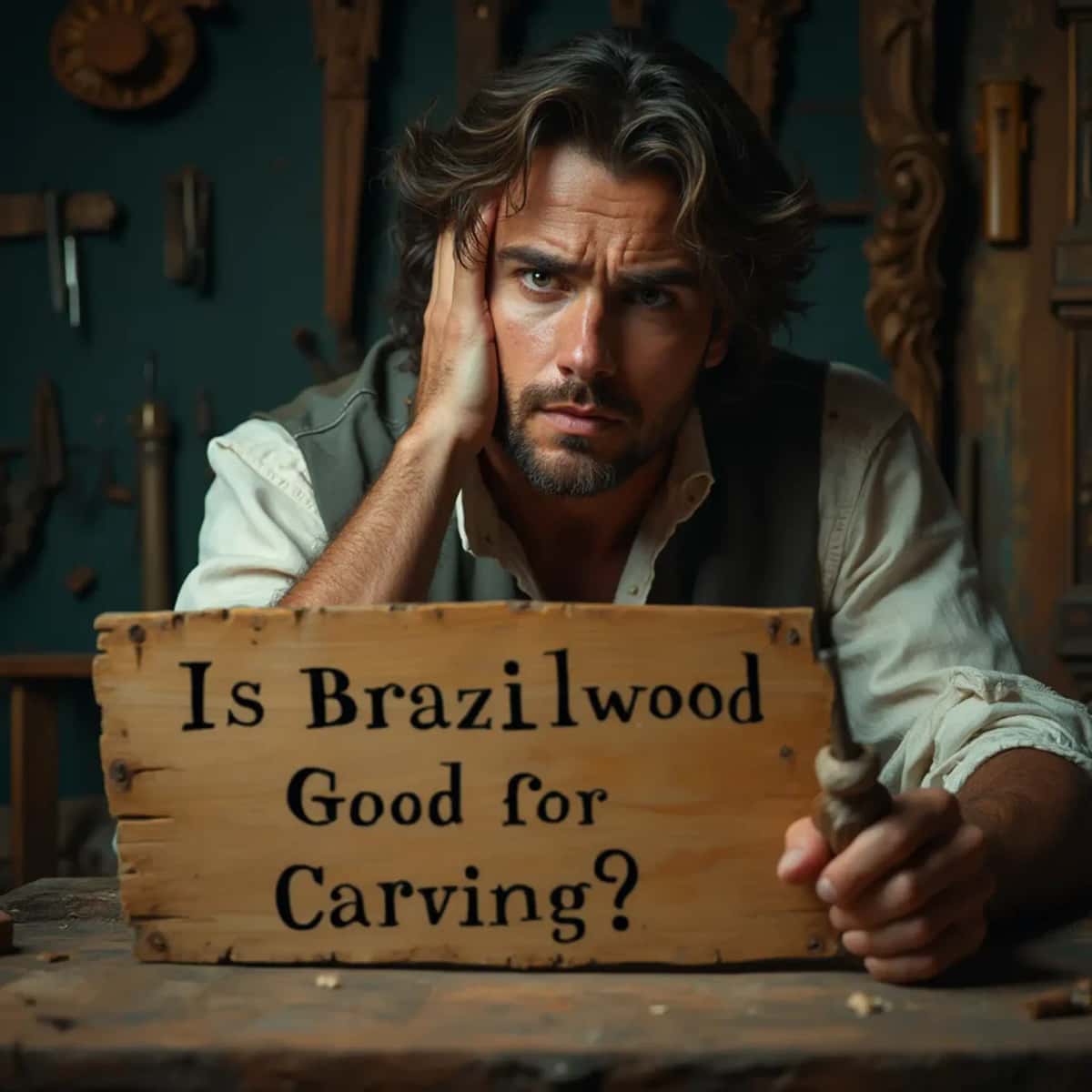 WOODCARVING LESSONS: Woodcarver Grabovetskiy, a man with a beard, holds a sign that says "What wood is the best for carving?" He looks thoughtful. Carving tools are on the table in front of him. - Wood Carving tutorials